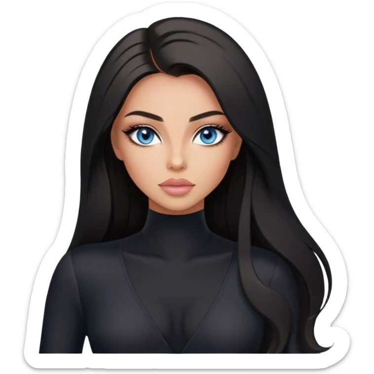 Glamours make-up, tanned, beautiful, girl, with blue eyes, big pump peach-beige-rose lips, eyeliner, long lashes, black straight smooth silky long hair, parting hair in the middle,  in black v-neck bodysuit long sleeves sticker