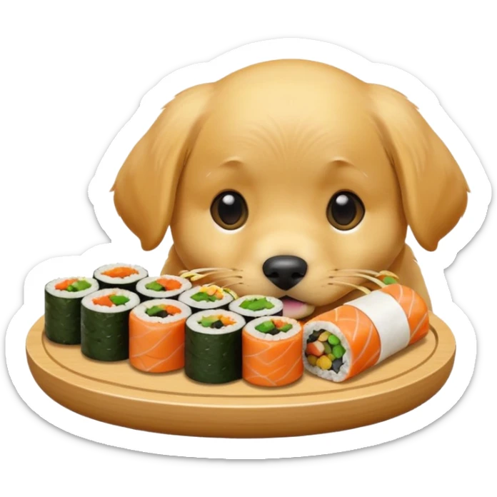 A cute golden retriever puppy eating gimbap in iPhone emoji style, soft 3D glossy texture, bright vivid colors, no outlines, centered composition, transparent background. sticker