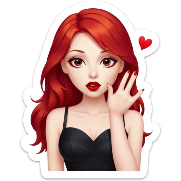 a pretty woman with long red hair and red eyes. The woman wear a black little cutted dress. She have red lipstick and she have a seductive look. She do a kiss. Very cute graphics sticker