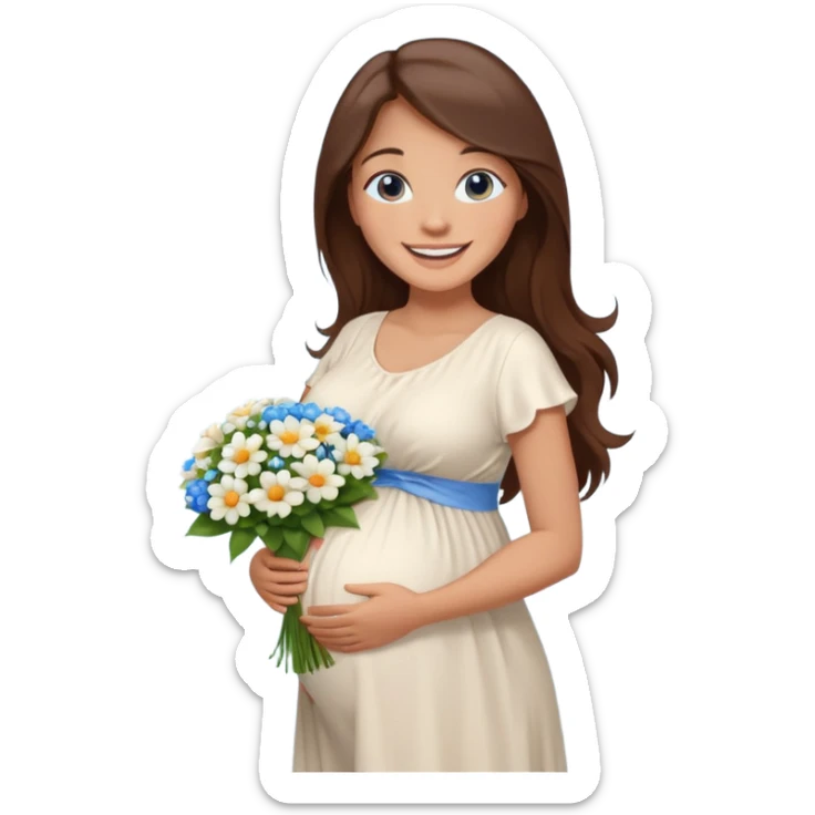 Create a cute emoji-style illustration of a young brunette woman with long brown hair, blue eyes, and a happy smile. She is pregnant, shown with a visible baby bump, wearing a simple white dress and holding a small bouquet of flowers. She looks excited and joyful, as if she's about to marry soon. sticker