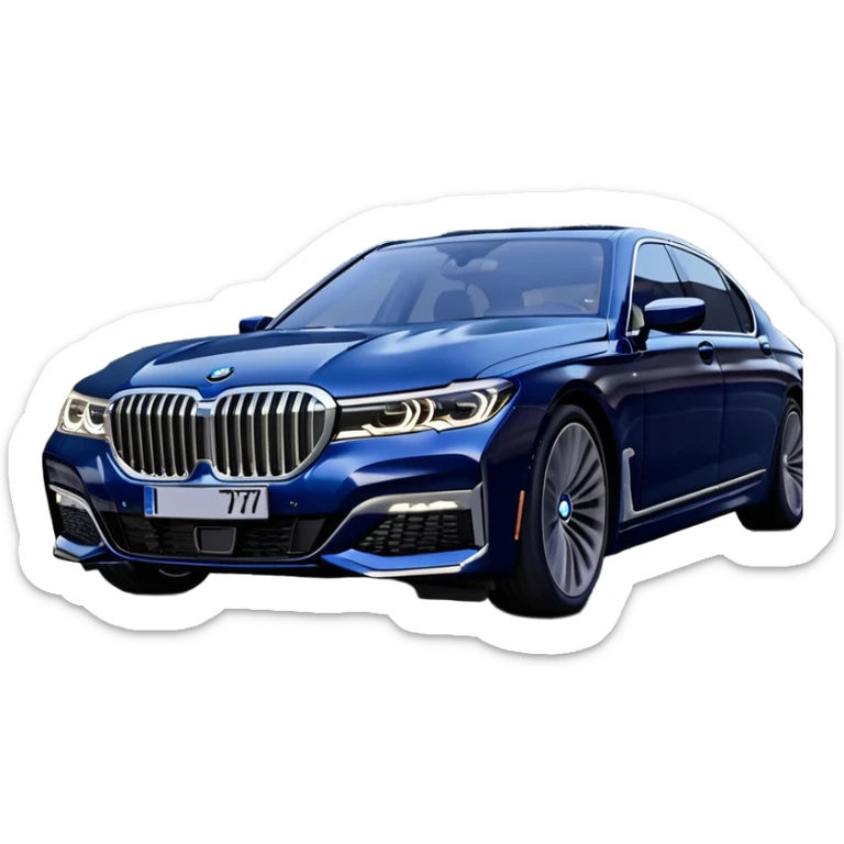 BMW 7 Series (2022) – cinematic-realistic BMW 7 Series emoji, its dark blue exterior gleaming under the city lights as it makes its way through bustling streets. The sophisticated interior whispers luxury as the vehicle drives with remarkable poise, embodying a perfect harmony between cutting-edge technology and comfort. sticker