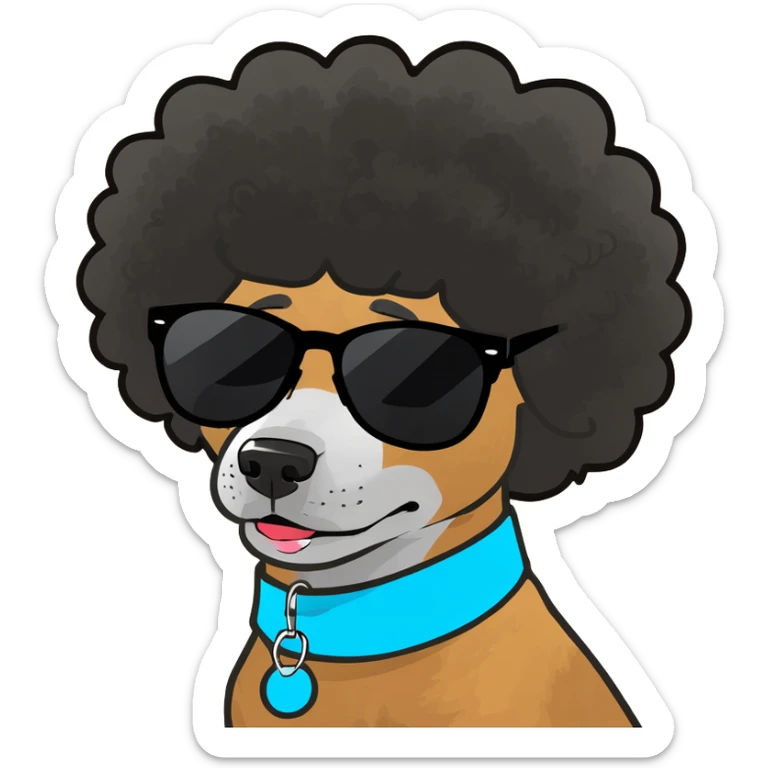 Anime Dog with black fashionable sunglasses and an Afro putting up the peace sign with its paws and sitting in a squat. sticker