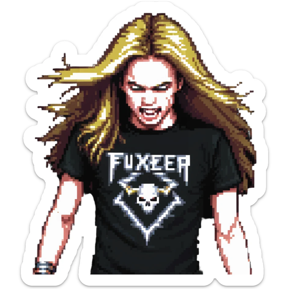 A person headbanging with long hair, wearing a metal band t-shirt sticker