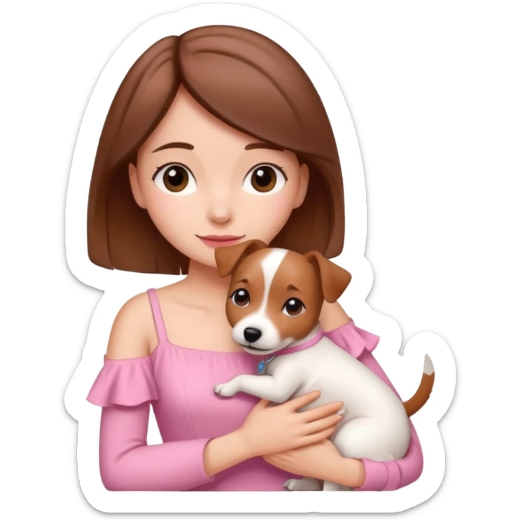 Joven mujer pelo marron vestida de rosado abrazando a su perro color beige crema que es un estilo de jack russel sticker