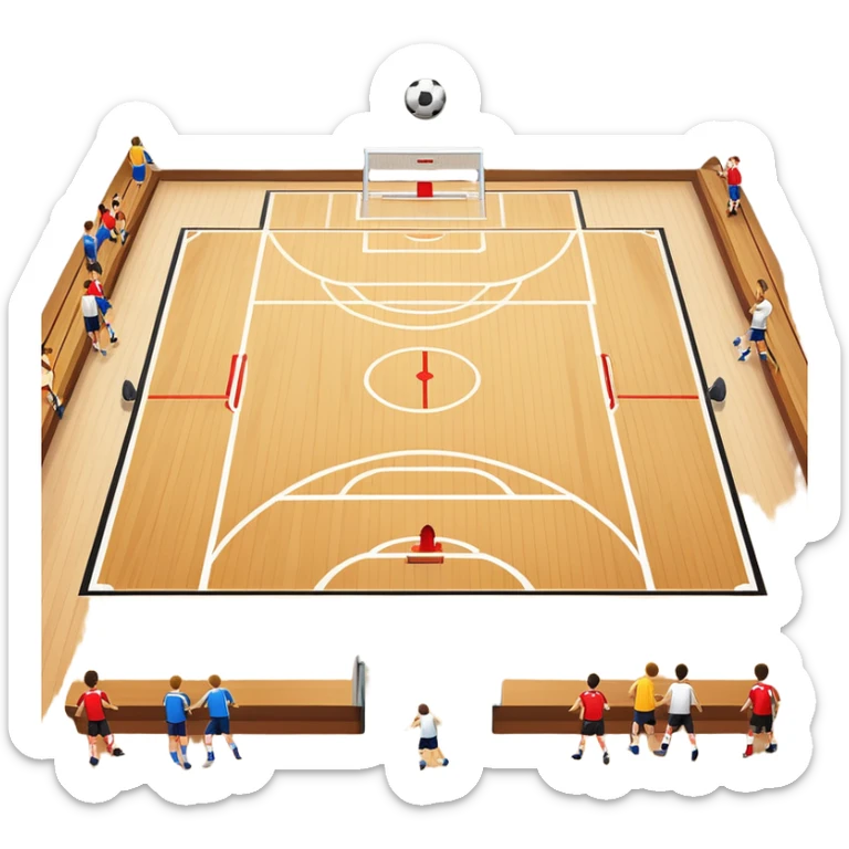 A mini-football match in an indoor sports hall with a wooden floor and clear court markings. The scene captures players in action, with the ball moving towards the goal, and the surrounding bleachers and overhead lights adding to the atmosphere of a competitive game. sticker