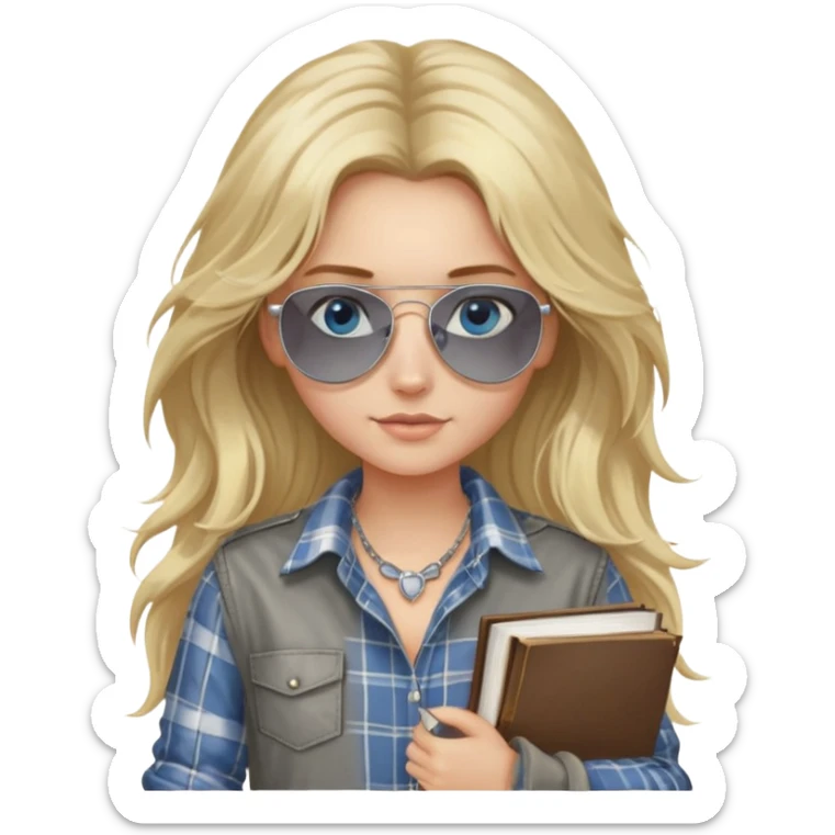 girl with long blond messy hair wearing grey plaid shirt with blue eyes and aviator sunglasses wearing a ring on her silver necklace, holding law books sticker