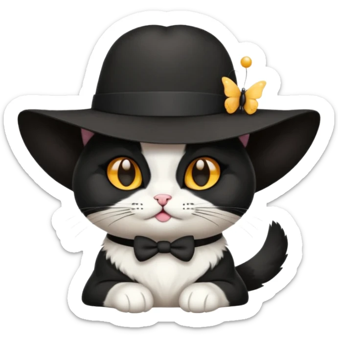 Chat blanc avec des tâches noir en costume, neud papillon et chapeau. sticker