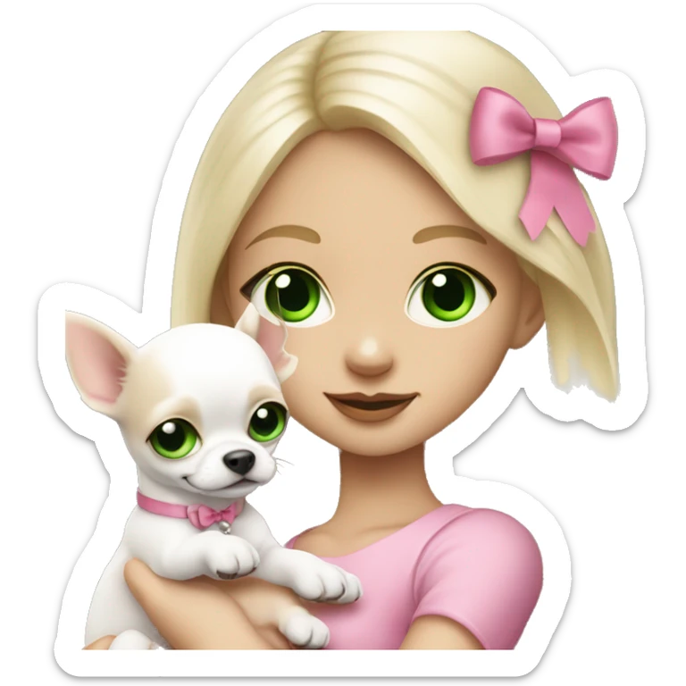 pale blond girl with long platinum hair with green eyes holding a white chihuahua puppy that wearing a pink bow sticker