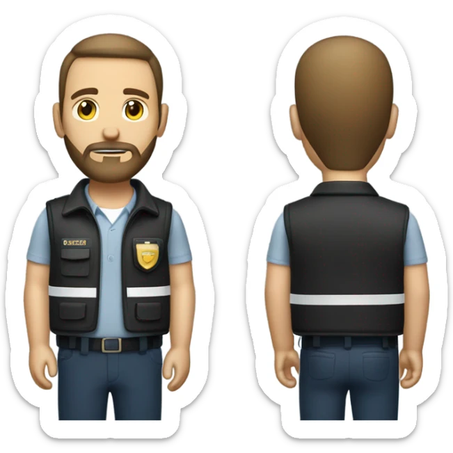 Security Guard, with beard Brown hair, combover, golden coloured skin, NO HAT with security vest on sticker
