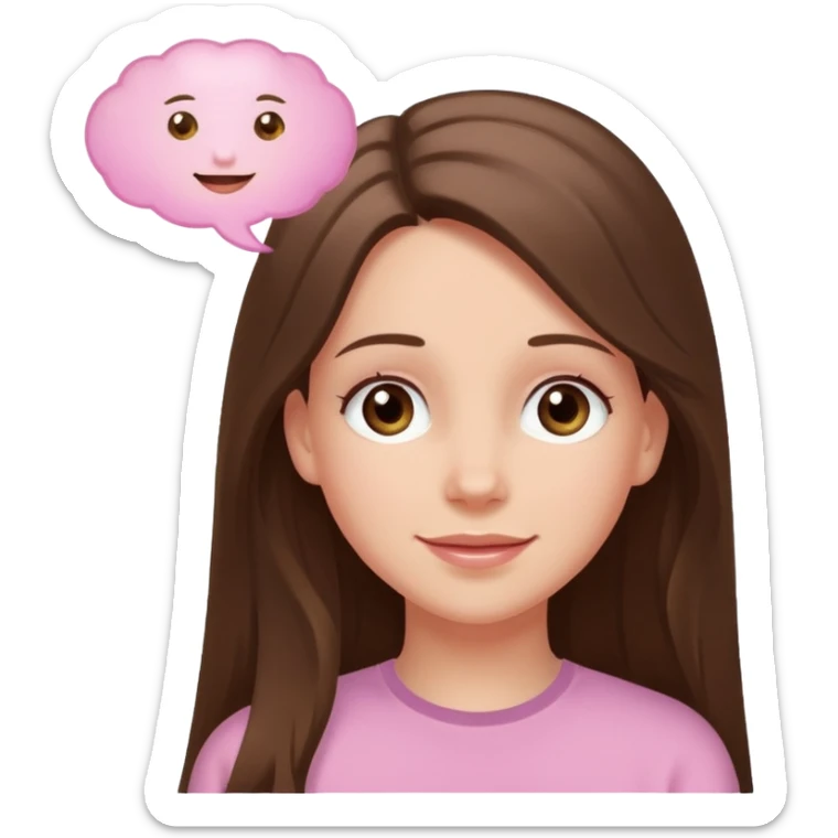 happy white long brunette hair girl with hazel eyes in light pink with a thought bubble sticker