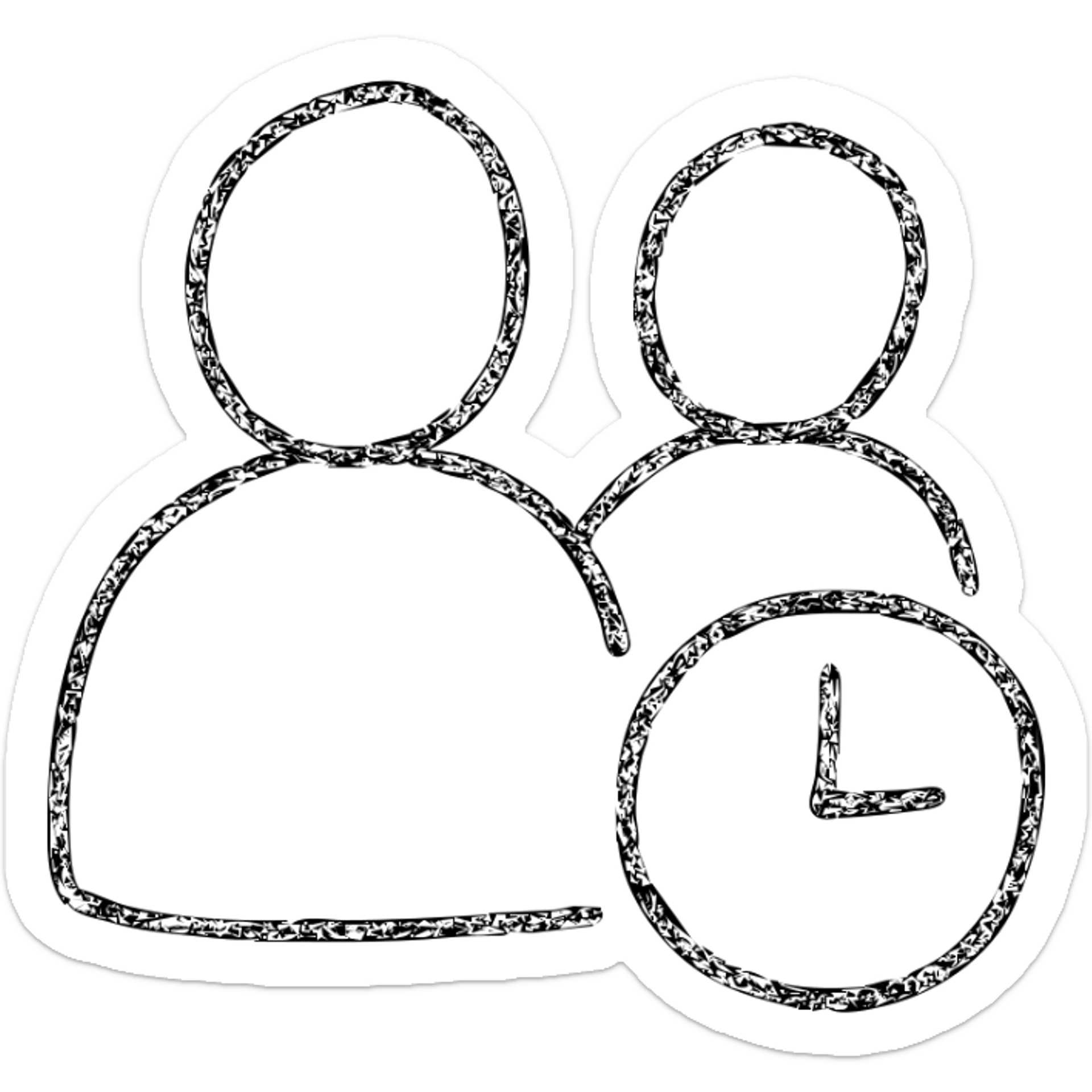 ultra-minimalist hand-drawn outlined icon of two figures with a small time symbol, worn and distressed style sticker