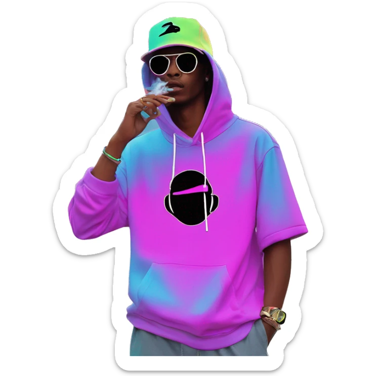 Multicoloured neon Vaporwave person smoking wearing hoodie dancing hip hop bucket hat tropical Skater fashion aesthetic baggy clothes graphic t shirt 420 sticker