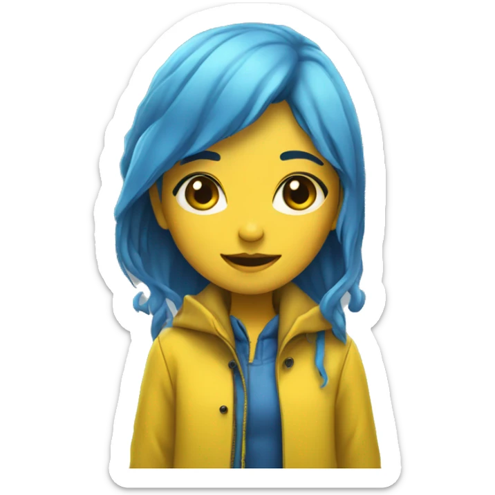 Girl with blue hair,black button eyes,a yellow rain coat,yellow boots sticker