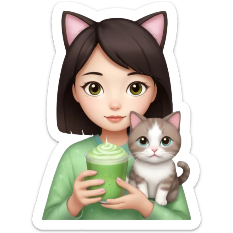 asian girl with short dark brown hair and dark brown eyes with a soft girl pink glowup aesthetic, matcha latte, 2 ragdoll cats, and sparkles sticker