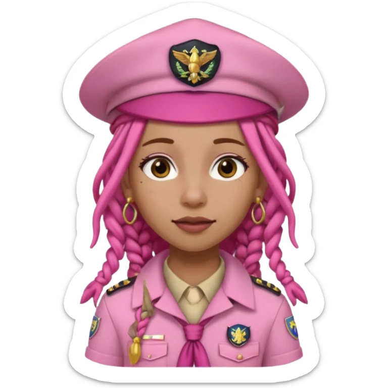 scout girl with pretty pink uniform, pink dreadlocks, and big earrings and scouts hat sticker