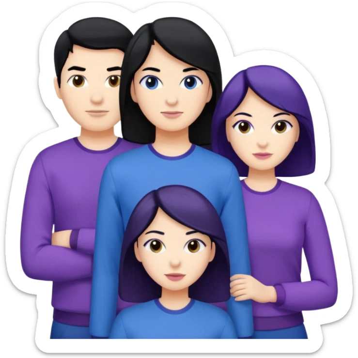 4people 2 men and 2 women. with black hair and white skin. ready to create a team. with blue and purple clothes sticker