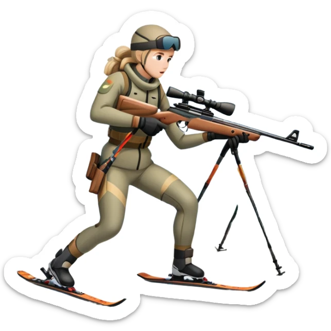 An icon showing a snowy landscape with pine trees, mountains, and a clear sky with a biathlete aiming a rifle in the foreground, wearing winter gear and skis. Transparent background emphasizes the precision, endurance, and beauty of this winter sport. sticker