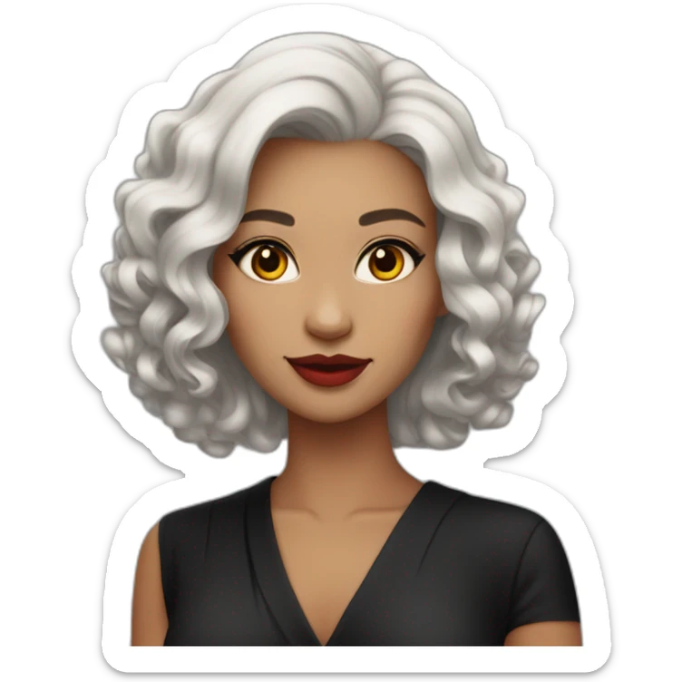 woman in a black cocktail dress red colored eyes ashen hair color sticker