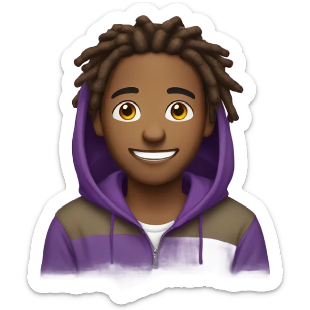 Brown boy with brown dreads and facial hair in purple hoodie smiling sticker