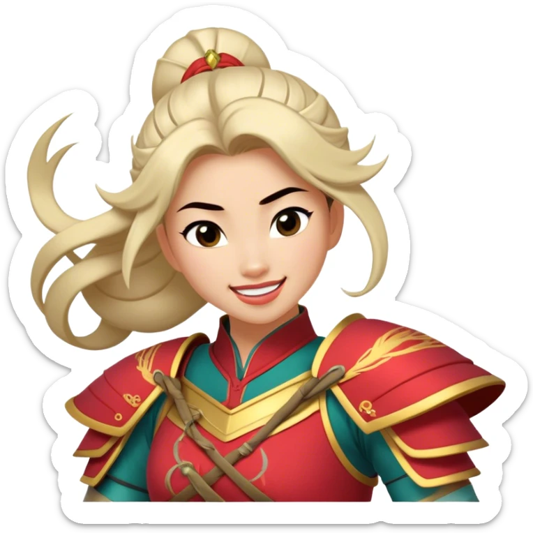 Cinematic Playful Mulan Portrait Emoji, Mid-laugh with a strand of hair falling over her face, adjusting her armor, eyes full of adventure, exuding an irresistible mix of beauty and fun, the perfect blend of warrior and princess! sticker