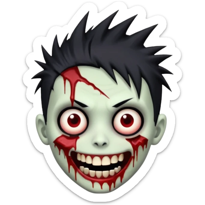 zombie boy with emo spiky hair, white skin, and white eyes; an open smile, and bloodied teeth; sticker