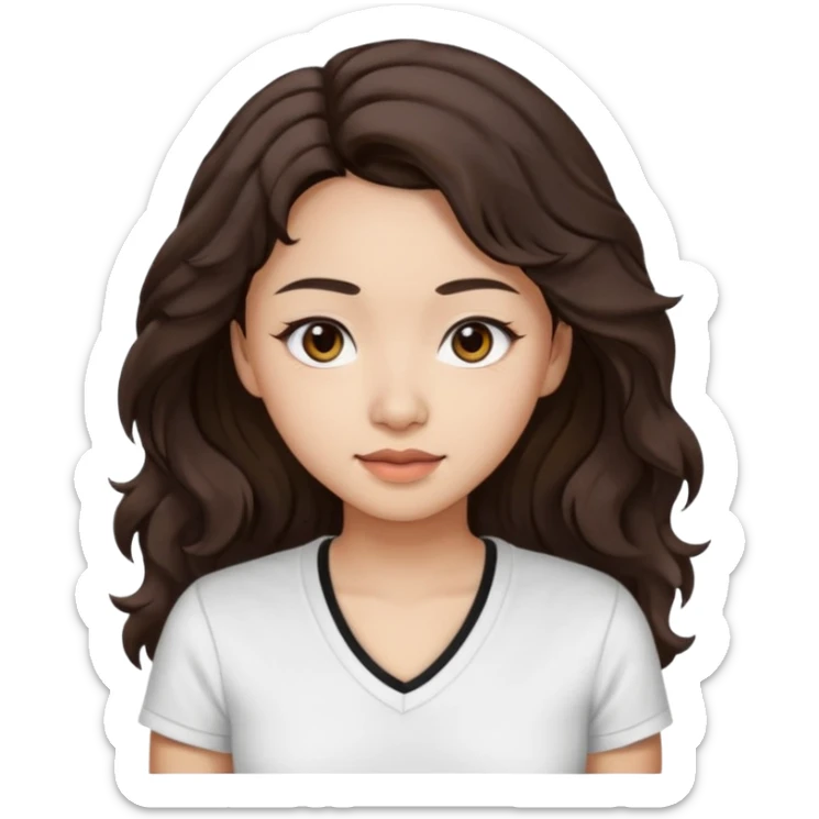 iOS style emoji. A girl with very long dark brown wavy hair. And the eyes color is dark brown. And she is wearing white t shirt with V kneck. And she is 30. She is Asian with double eyelids  sticker