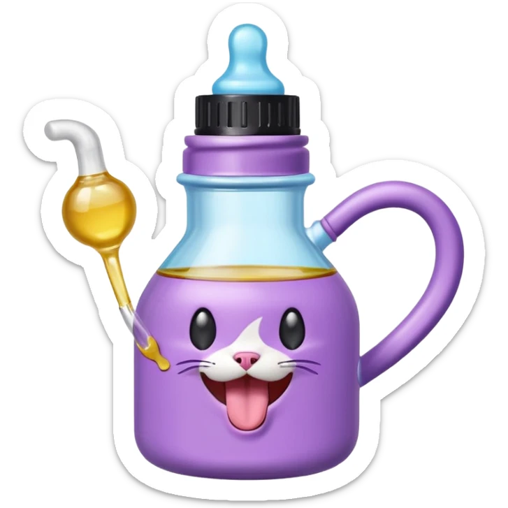 Smiling bottle of oil light purple top and light blue sticking tongue out and with cat ears sticker