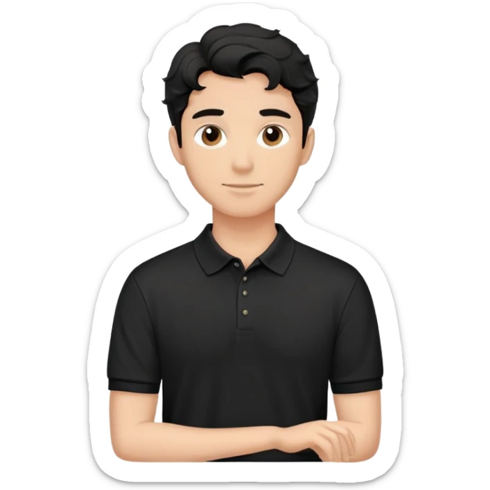 Man with wavy black hair in a classic black polo shirt, relaxed fit sticker