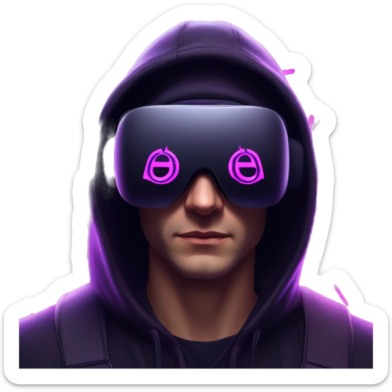 Russian man wearing a black hoodie with "OMG" letters on it and VR headset in a cyberpunk VR environment with violet neon lighting. sticker
