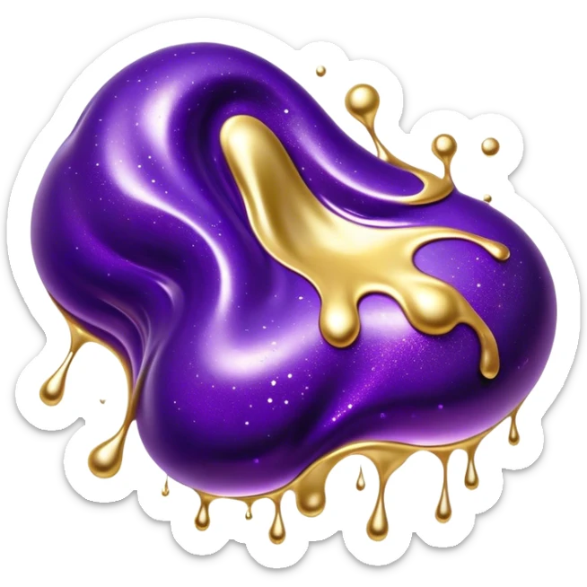 Cinematic Realistic Shiny Slime Mixed with Glitter, thick and glossy with swirling metallic flecks suspended inside, a dynamic mix of deep purple and golden sparkles, light catching every shimmer, flowing smoothly with realistic folds and ripples, glowing with an enchanting, almost liquid-metal effect. sticker