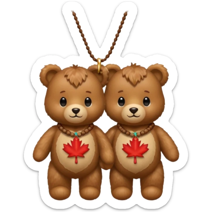 2 fluffy Teddy bears in love. One has an acorn necklace and a maple leaf necklace  sticker