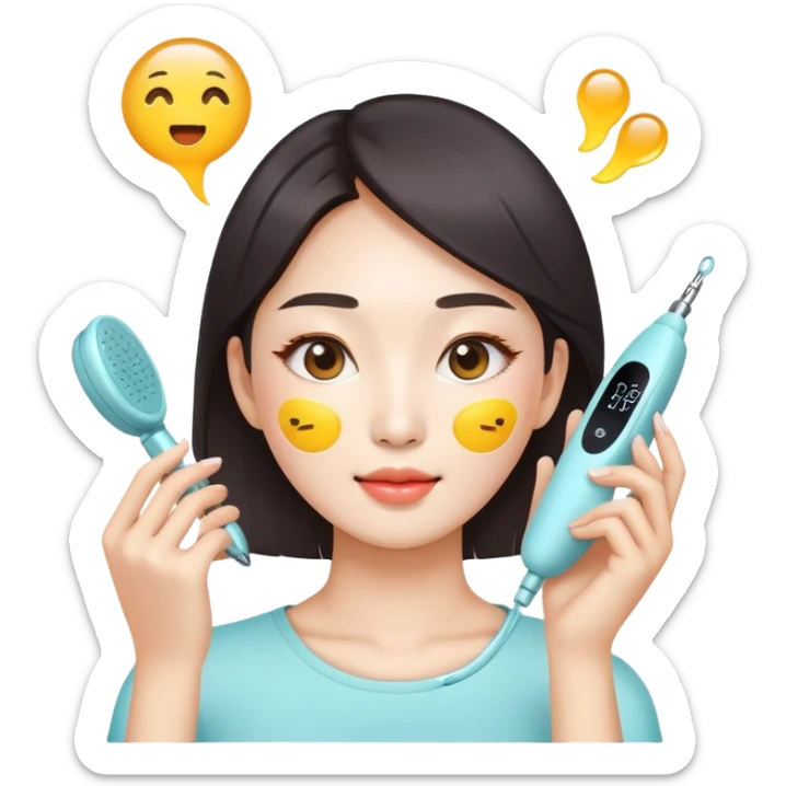 bright and healthy Korean woman pressing beauty device on face, emoji style sticker