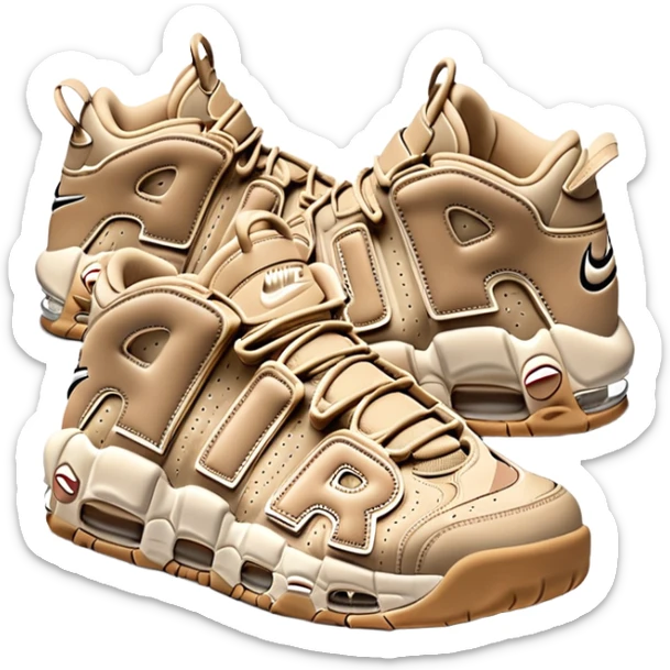 Simple clean pair of beige Nike Air More Uptempo sneakers arranged as a matching pair, minimal detailing but with distinct AIR lettering sticker