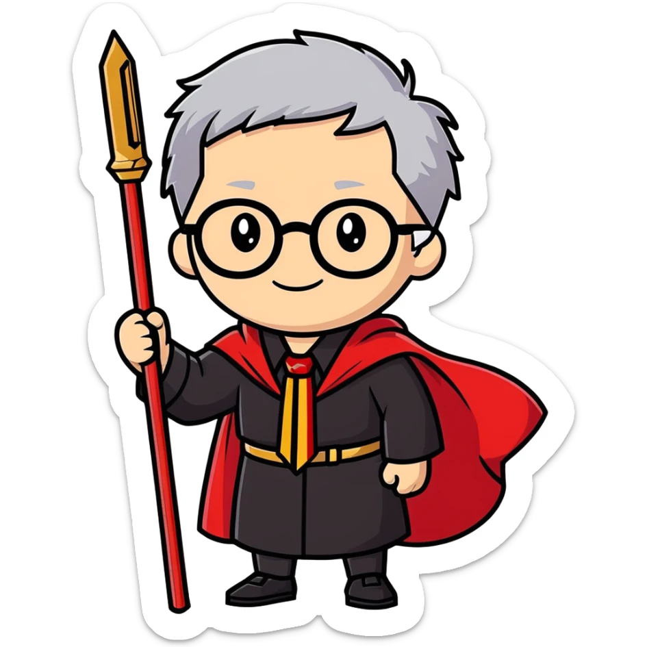 You smiling wearing black robe with scarlet red cape and scarlet red vest underneath with gold trim on top on scarlet red and gold striped tie and white collared shirt and black glasses with short grey hair and holding brown wood wand sticker