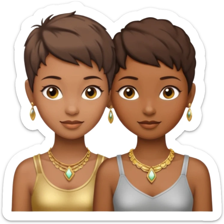 One black girl and one light brown girl and brown colored besties with brown hair pixie cuts wearing jewelry  both brown hair  sticker