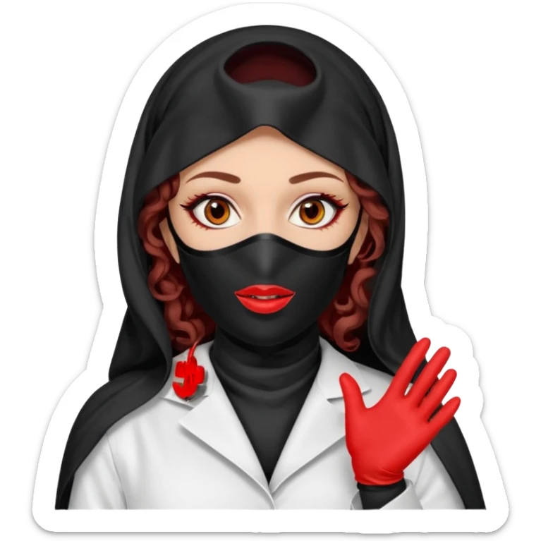 


Scary woman scalpel in hand, evil surgeon sexy surgeon clothes.  She has redcolored  eyes. Her  hair only is free ne brown long curly hair. Wears sexy doctor outfit with red gloves. make her wear full Muslim burka to mask and nose mouth mask  to hide. Wears white surgeon coat, wears  stilettos sticker