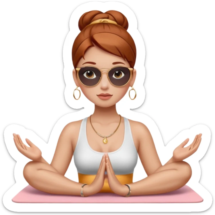 Clean girl influencer character, chest-up portrait.Sleek tight bun hair color (auburn .Natural glossy makeup, soft blush, shiny lips.chest up portrait , small gold hoop earrings, delicate gold necklace.Black sunglasses on head.Rolled yoga mat hanging over her shoulder. sticker