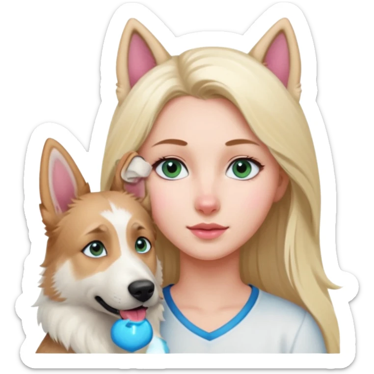 White European young woman with blue-green eyes and long blond hair with her white German Shepherd dog,the Dog hast a pink nose and short fur  and Brown eyes sticker