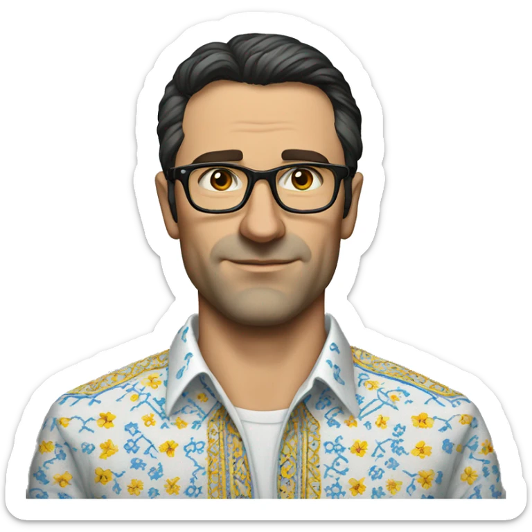 European dark-haired man in a Ukrainian embroidered shirt, glasses, no mustache sticker