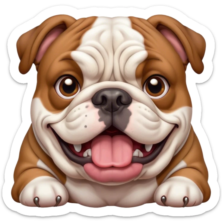 Cinematic Comical Brown and White English Bulldog Portrait Emoji, Head tilted dramatically with an exaggeratedly amused expression, featuring a striking brown and white coat with a bold pattern, wide, expressive brown eyes filled with playful disbelief, Simplified yet hilariously expressive features, highly detailed, glowing with a slightly sassy glow, high shine, dramatic yet playful, stylized with an air of cheeky defiance, bright and endearing, soft glowing outline, capturing the essence of a spirited and over-the-top guardian, so meme-worthy it feels like it could side-eye its way into internet fame instantly! sticker