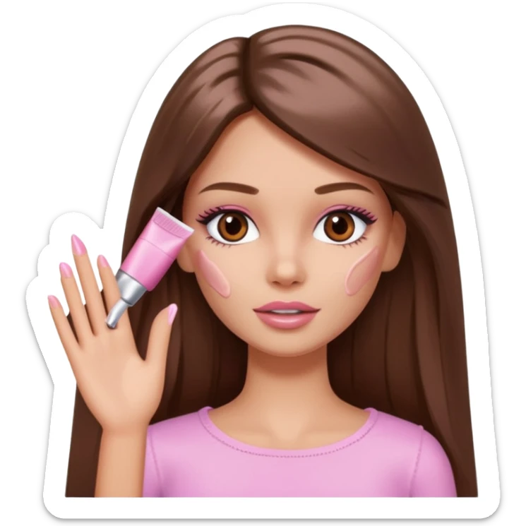 Barbie girl a brown long Straight hair and brown eyes is In pale pink smears by hand cosmetic cream on her face sticker
