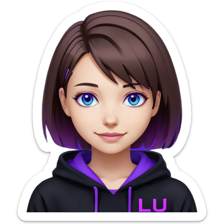 brown haired girl with a bob blue eyes wearing black hoody with violet letters "Lu", smile. Cyberpunk style. Violet neon. sticker