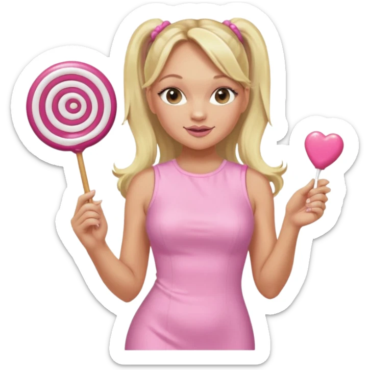 Emma Bunton with long blonde ponytails wearing light pink bodycon dress holding a lollipop sticker
