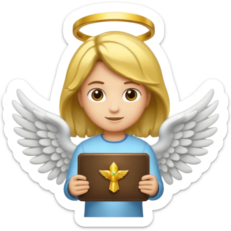 "Um emoji de anjo com cabelos loiros, um halo, asas, segurando um sinal de 'compartilhar' em letras em negrito." sticker