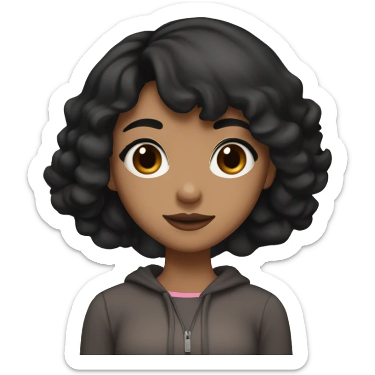 cute teenage girl with shoulder-length black hair and black eyes having a medium-brown skin tone. She wears modest clothing, avoiding revealing styles. Her facial features, particularly around the mouth are welldefined, and she is wearing pink lipstick sticker