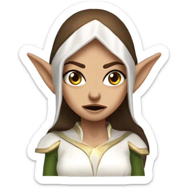 enraged angry, Noble female Elf with Elf ears and brown hair and white robes light skin sticker
