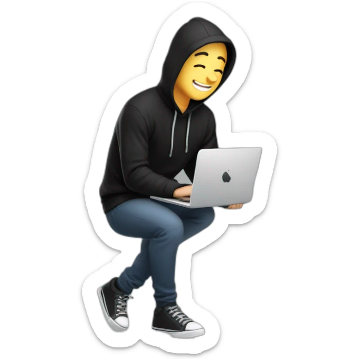 eyes-closed-laughing-male-with-regular-skin-and-blue-eyes-wearing-black-beanie-and-black-hoodie-and-holding-a-laptop-not-full-body-shot sticker