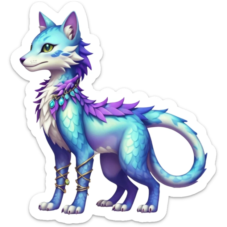 Kawaii iridescent beautiful pretty elegant divine edgy fantasy feline-vernid-sergal-fursona-animal-creature with accessories, full body, with intricate detailed markings sticker