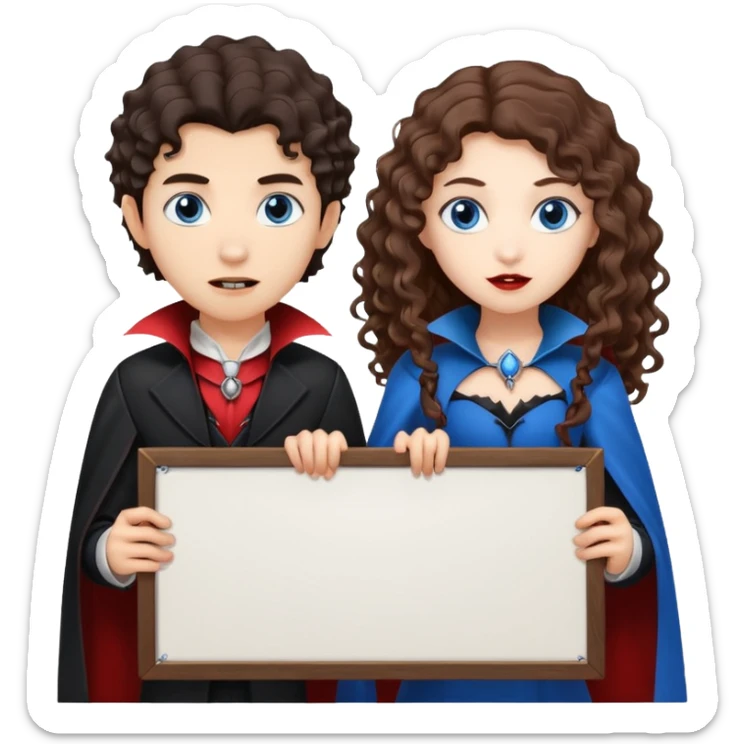 Asian boy and white girl with long brown curly hair and blue eyes Vampires holding a large blank sign sticker