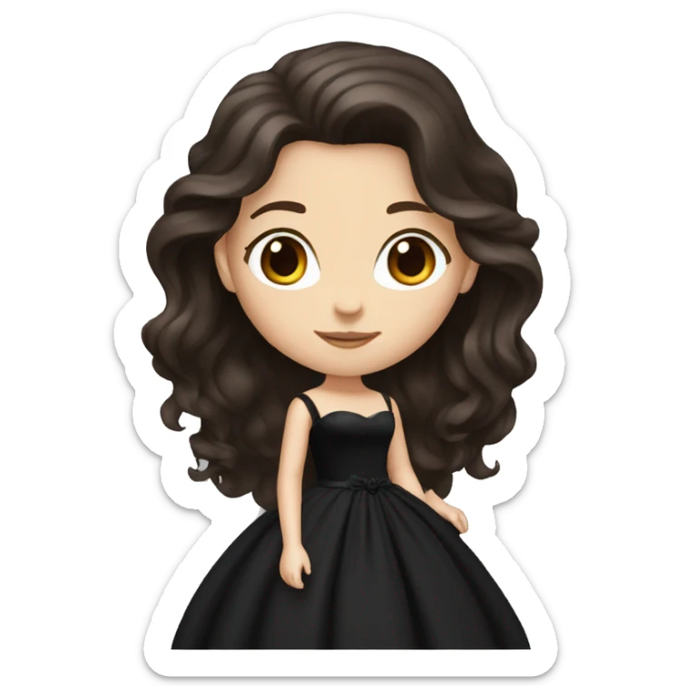 White Girl with wavy dark brown long hair, brown eyes in a black wedding dress sticker
